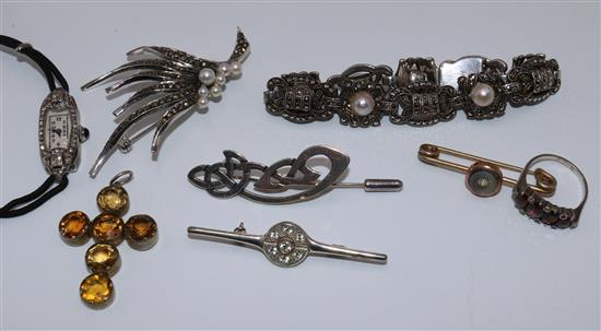 Marcasite watch, bracelet and brooch, citrine cross pendant, and 4 other items